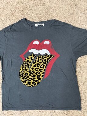 Daydreamer for Free People Grey Tee with Red Lips and Yellow Leopard Tongue S